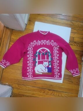 Vtg 80s Spunky Pink Cat in Window Sweater Kawaii Novelty USA Scallop‎ M/L